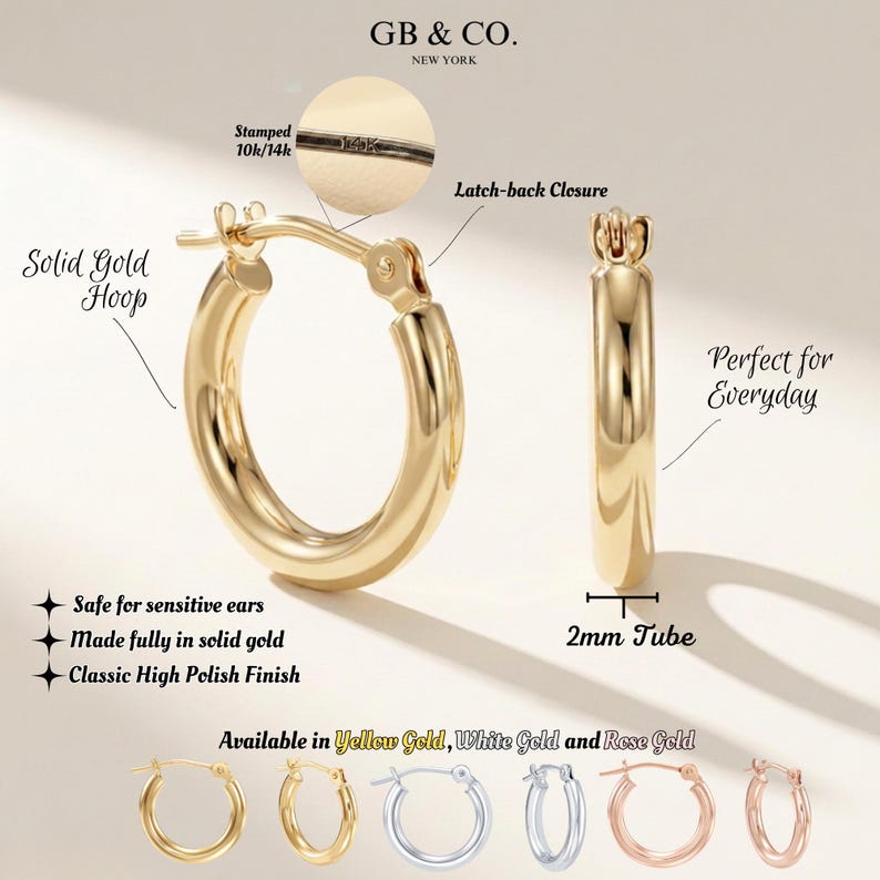May include: A pair of solid gold hoop earrings with a high polish finish and a latch-back closure. The hoops feature a 2mm tube thickness. A circular inset shows a 10k/14k stamp. Additional color options include yellow, white, and rose gold.