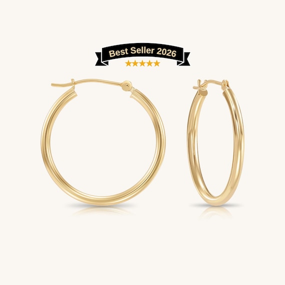 14K Gold Hoop Earrings: Round Classic Polished Solid Gold for Women, Girls, Unisex
