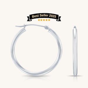 14K White Gold Hoop Earrings - Classic Polished Hoops, Round Hoops, Solid Gold Lightweight Earrings, Everyday Jewelry, Women and Girls