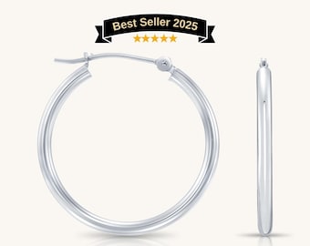 14K White Gold Hoop Earrings - Classic Polished Hoops, Round Hoops, Solid Gold Lightweight Earrings, Everyday Jewelry, Women and Girls