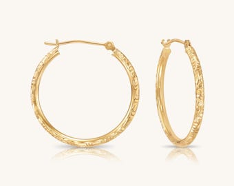 14K Gold Hoop Earrings: Hand-Engraved Lightweight Everyday Jewelry for Women, Girls, Unisex