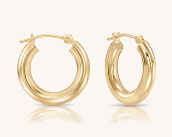 14K Yellow Gold Hoop Earrings | Classic Chunky Polished Gold Hoops | 3mm Thick Tube Hoops | Everyday Real Gold Jewelry - for Women and Girls