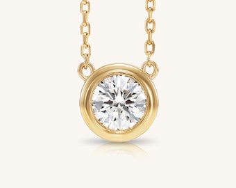 14K Solid Gold Diamond Single Bezel Set Necklace | 1 CT Certified Diamond Necklace | Jewelry For Women | Round Diamond | Everyday Jewelry