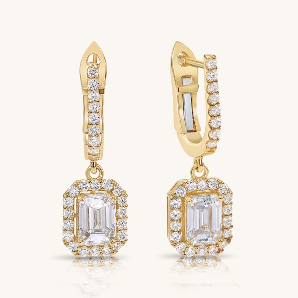 Solid 14k Gold Emerald-Cut Diamond Drop Earrings | French-back Dangling Diamond Earrings | Gift For Her | Bridal & Wedding Earrings