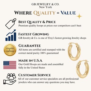 May include: A promotional graphic for GB Jewelry & Co. New York featuring the text WHERE QUALITY = VALUE. It lists business highlights including Best Quality & Price, Fastest Growing, Guarantee, Made in U.S.A., and Customer Service alongside two gold hoop earrings.