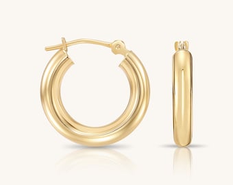 14K Yellow Gold Chunky Hoop Earrings, Classic Polished Finish, 3mm Thick Hoops, Everyday Jewelry, Perfect for Women and Girls