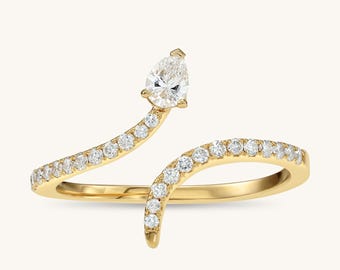 Anillo de serpiente de oro de 14 quilates: banda envolvente con diamantes de laboratorio en forma de pera