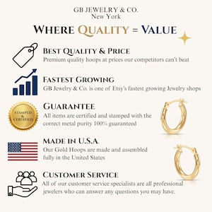 May include: A promotional graphic for GB Jewelry & Co. featuring two gold hoop earrings. The text reads: GB Jewelry & Co. New York, Where Quality = Value, Best Quality & Price, Fastest Growing, Guarantee, Made in U.S.A., and Customer Service.