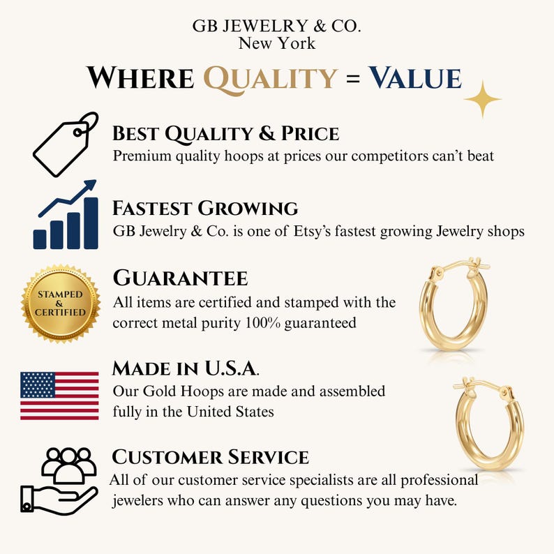 May include: A promotional graphic for GB Jewelry & Co. featuring two gold hoop earrings. The text reads: GB Jewelry & Co. New York, Where Quality = Value, Best Quality & Price, Fastest Growing, Guarantee, Made in U.S.A., and Customer Service.