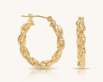14K Gold Twisted Hoop Earrings | Two-Tone Gold Hoops | Yellow & White Gold Hoops | Unique Spiral Hoop Earrings | Real Gold Jewelry