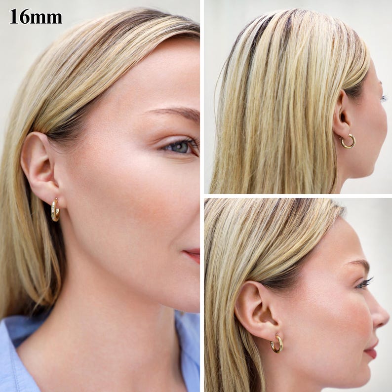 May include: A pair of small, polished gold hoop earrings with a circular design. The earrings have a diameter of 16mm as indicated by the text in the upper left corner. These hoops feature a smooth, reflective surface and a simple, classic closure.