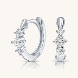 14K White Gold Huggie Hoop Earrings with Lab Grown Diamonds | Dainty 3-Stone Diamond Hoops | Small Gold Huggies for Everyday Wear | .20 CTTW
