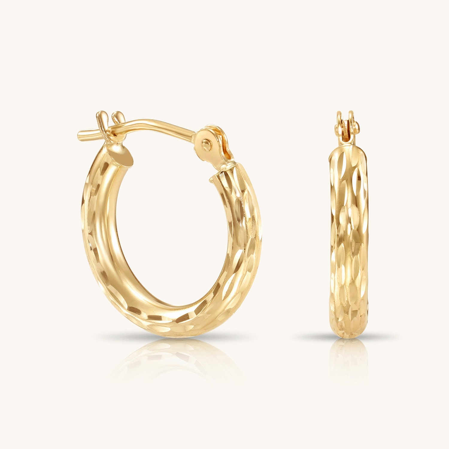 14K Gold Hoop Earrings - Classic Engraved Hoops, Round Hoops, Solid Gold Lightweight Earrings, Everyday Jewelry, Perfect for Women and Girls