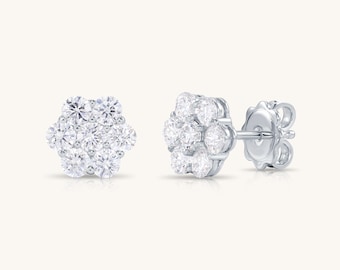 14k witgouden laboratoriumoorbellen met diamanten bloem