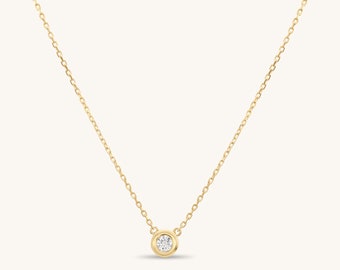 14K Solid Gold Single Diamond Bezel Set Necklace | Layering Necklace | Everyday Jewelry for Women