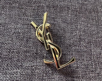 YSL Vintage VTG Yves Saint Laurent Golden Yellow Brooch 4cm Metal Steel Monogram Logo