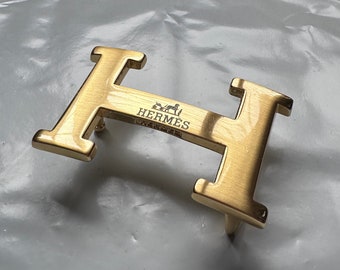 Vintage VTG Hermes Leather Belt Buckle H Golden Monogram Logo Belt Strie Metal Steel Reversible Gold