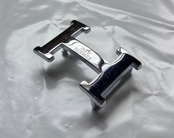 Vintage VTG Hermes Leather Belt Buckle H Silver Monogram Logo Belt Strie Metal Steel Reversible Gray