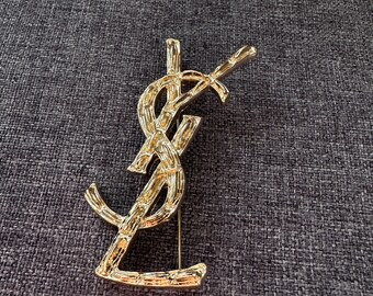 Vintage VTG Yves Saint Laurent YSL Golden Brooch 7cm Metal Steel Monogram Logo