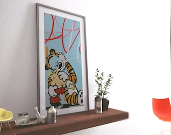 May include: A framed print of a cartoon tiger hugging a human character. The print is on a light blue background with red and white lines. The print is on a shelf with a small scooter, two metal canisters, and a potted plant.