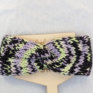 Handknit baby earwarmer headband in lavender, neon yellow, and black