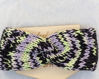 Handknit baby earwarmer headband in lavender, neon yellow, and black