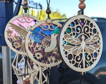 Handmade engraved wood suncatchers with cord and beads