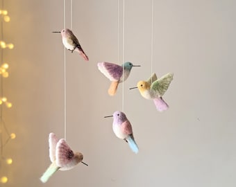 Hummingbird Nursery Mobile: Needle Felted Birds, Nature Theme