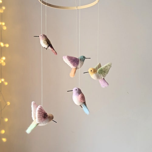 Wren Bird Mobile: Needle Felted Flying Birds, Neutral Nursery