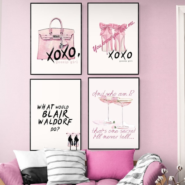 Set of 4 Gossip Girl Pink Fashion Quote posters, paris girly preppy coquette trendy printable wall art digital print Blair Waldorf dorm room