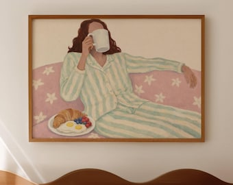 Woman resting in Striped Pyjamas Print, Horizontal Above Bed Wall Art, Handdrawn Mid Century Bedroom Poster, Retro Stay in Bed oil painting