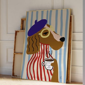 Funny dog poster, Hand-drawn illustration, coffee poster, dog drawing, maximalist kitchen print, coffee bar decor, humor poster, bauhaus art