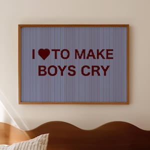 I Love To Make Boys Cry Quote Print, Horizontal Above Bed Wall Art, Hand drawn Minimalist Retro Striped Blue Ruby Trendy Typography Poster
