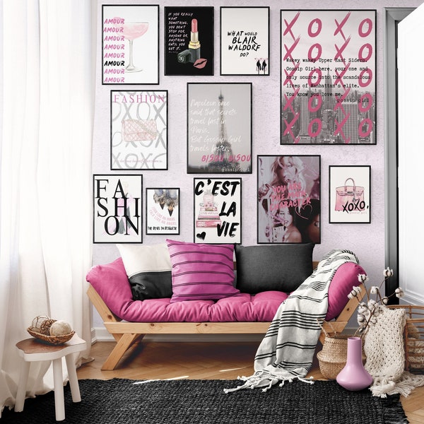 Set 24 Gossip Girl Pink Black Fashion poster, girly preppy coquette trendy wall art movie quote barbie paris New York paris dormroom decor