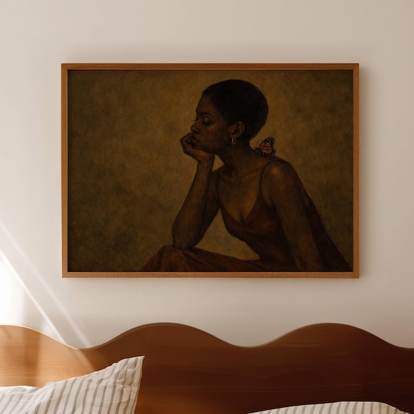 Impresión abstracta de mujer negra con mariposa, arte mural horizontal sobre la cama, pintura al óleo caqui texturizada afrocéntrica de mediados de siglo dibujada a mano.