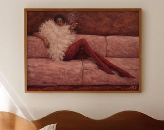 Abstract Fashion Woman In Sofa Pink Ruby Print, Horizontal Above Bed Wall Art, Handdrawn Mid Century Poster, Retro Textured oil painting art