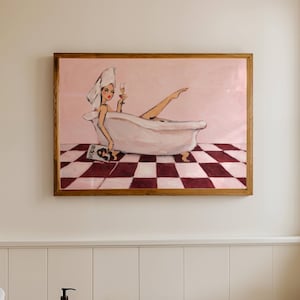 Woman in Bathtub Pink Ruby Oil painting Print, Horizontal Bathroom Wall Art, Hand drawn Mid Century Retro Poster, Feminine Self Care Decor