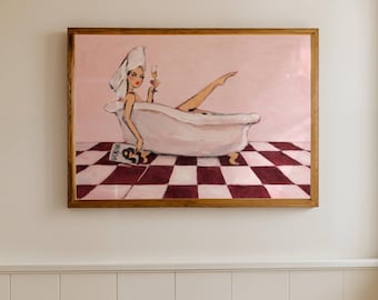 Impresión de pintura al óleo de mujer en bañera con rubí rosa, arte de pared de baño horizontal, póster retro de mediados de siglo dibujado a mano, decoración de autocuidado femenino