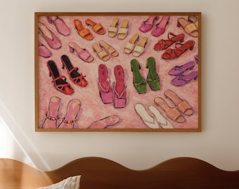 Impresión de pintura al óleo de tacones de moda retro, arte de pared horizontal sobre la cama, póster de decoración de armario de mediados de siglo dibujado a mano, impresión de armario de zapatos femeninos