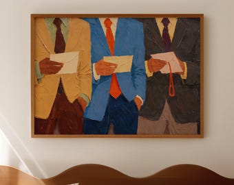 Men In Suits Contemporary Colorful Print, Horizontal Above Bed Wall Art, Hand drawn Mid Century Modern Poster, Retro Textured oil painting