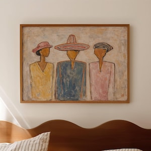 May include: A framed painting depicts three figures wearing hats and colorful clothing. The artwork has a textured, abstract style with a neutral background. The painting is mounted above a wooden bed frame with striped pillows.