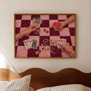 Poker Night Casino Card Game Oil Painting Print, Horizontal Messy Table Still Life Wall Art, Hand drawn Checkered Pink Ruby Bar Cart Poster