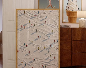 Mini Skiers Illustration poster, Textured Snow Skiing Wall art, Winter chalet Ski lodge decor, Ski Gift, Minimalist Tiny People Skiing Print