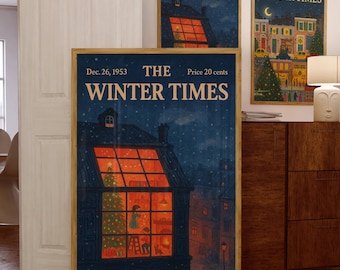 2 Vintage Christmas Magazine Cover poster, Retro Christmas wall art, Festive Holiday print, Cozy Winter snow scene, New Yorker Christmas art