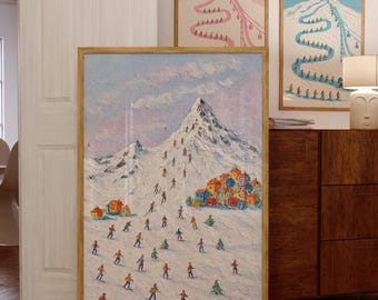 Textured Snow Skiing Wall art, Mini Skiers Illustration poster, Winter chalet Ski lodge decor, Ski Gift, Minimalist Tiny People Skiing Print
