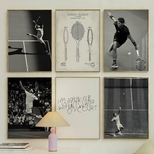 May include: A collection of six framed tennis-themed art prints. The prints feature black and white action shots of tennis players, a tennis racket patent illustration, and a print with the text "I'm sorry for what I said when I was on court."