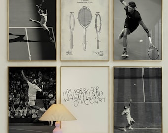 6 Vintage Tennis Poster, Tennis court Print, Tennis Photography wall art, tennis quote, tennis Player gift, Sports poster, Federer, Djokovic
