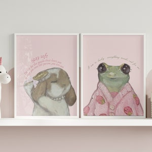 5 impresiones dibujadas a mano, póster de animales en acuarela, linda impresión de animales de granja, arte de pared femenino, impresión de guardería rosa, póster preppy, estética coqueta