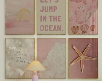 6 pastel pink summer posters, seashell wall art, textured art print, coastal grandaughter, coastal cowgirl, beach coquette preppy room decor