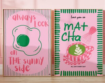 Set 2 Hand drawn kitchen print, pink Matcha club poster, Sunny Side Up fried egg poster, pink green wall art, retro food poster, funky print